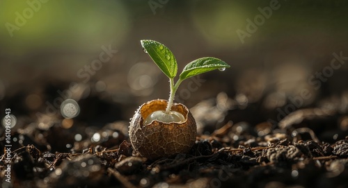 A small plant sprouting from a cracked seed shell in dark soil with water droplets on the leaves