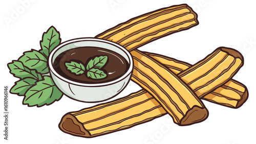 Illustration of churros with chocolate dipping sauce and mint leaves in a white background scene