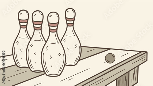 Illustration of bowling pins standing on a wooden lane with a bowling ball ready for a strike game