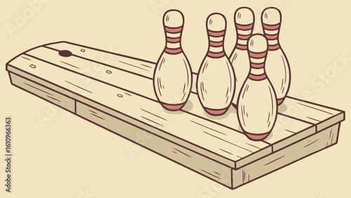 Illustration of five bowling pins arranged on a wooden platform with visible wood grain details