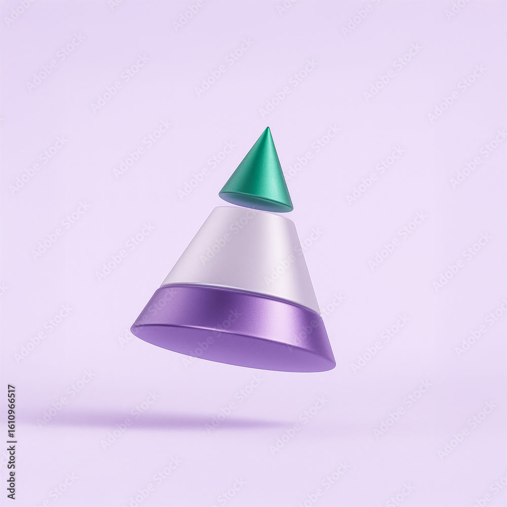 Fototapeta premium 3D Abstract Pyramid Infographic with Segmented Layers in Purple, White, and Green on Pastel Background 