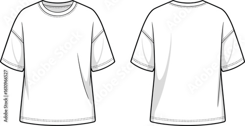 Cad drawing flat vector illustration of oversized unisex t-shirt, front and back view, technical fashion sketch, round neck short sleeve tee shirt design template.
