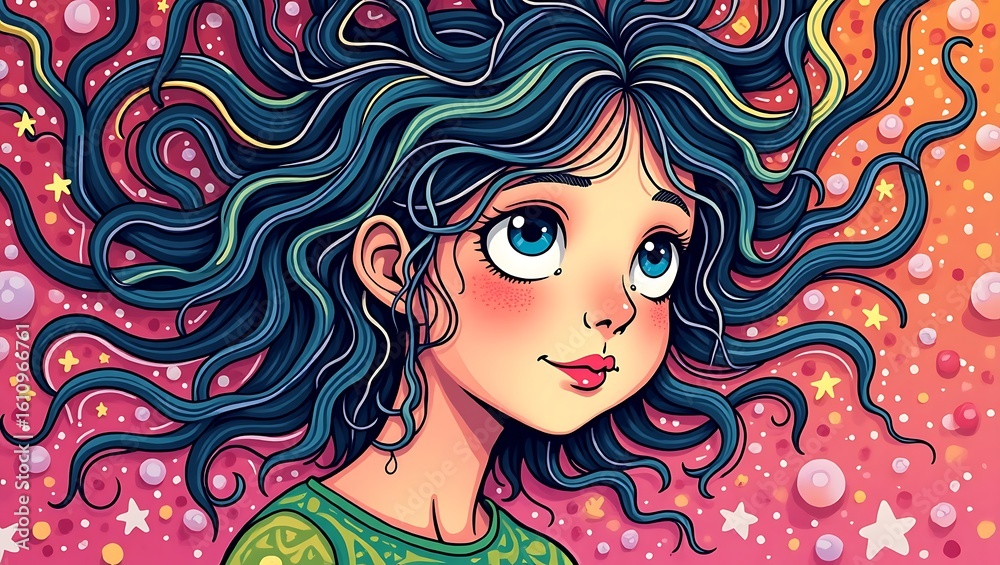 Illustration of a girl with blue hair and blue eyes looking up in a colorful background with stars depression dementia mental health concept Illustration of a girl with blue hair and blue eyes looking up in a colorful background with stars depression dementia mental health concept