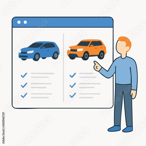 Simple Flat Illustration of Man Pointing to Online Car Comparison Interface