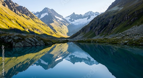 Pristine Alpine Lake with Sunlight Reflecting on Mountain Peaks