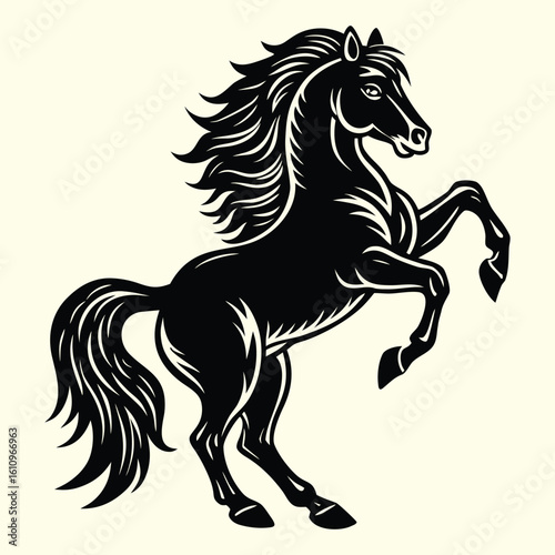 A dynamic black horse silhouette vector illustration captures the essence of a wild mustang stallion running with flowing mane and tail, perfect for equestrian-themed designs