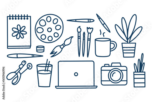 Hand-Drawn Illustration of Artistic Tools and Craft Supplies – Creative Hobby Collection Featuring Brushes, Paint, Scissors, Pencils, and Art Materials in a Fun Sketch Style

