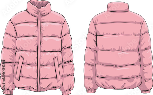 Cad drawing flat vector illustration of pink puffer jacket, winter coat design, warm quilted outerwear, fashion technical sketch, front and back view, casual style.