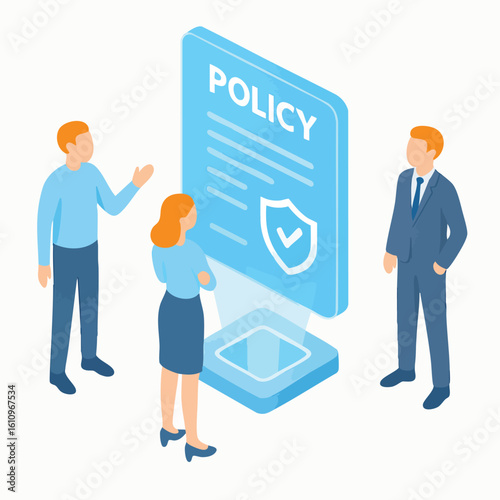 Isometric Illustration of People Discussing Company Policy Documentation on Platform