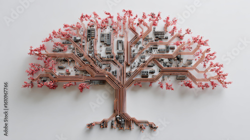 Circuit board tree withers, its technological stagnation evident in fading leaves, showcasing poignant symbol of obsolete beauty
