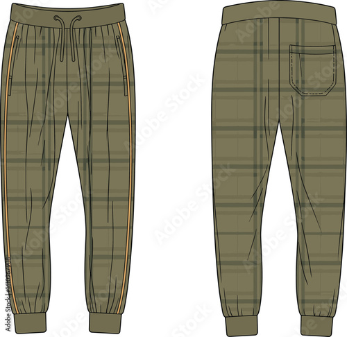 CAD drawing flat vector illustration of plaid jogger pants, flap pocket design, drawstring waist, trendy casual fashion template, front back views