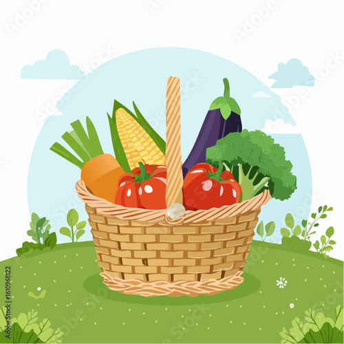Fresh organic vegetables in wicker basket in the garden