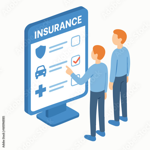 Isometric Insurance Policy Form with Customer Reviewing Healthcare Finance Document