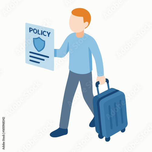 Flat Isometric Man Holding Policy Document and Luggage Ready for Travel Illustration