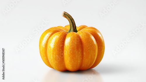 Orange pumpkin evokes feeling of autumnal harvest, radiating delightful charm with its vibrant color and round shape against plain white background
