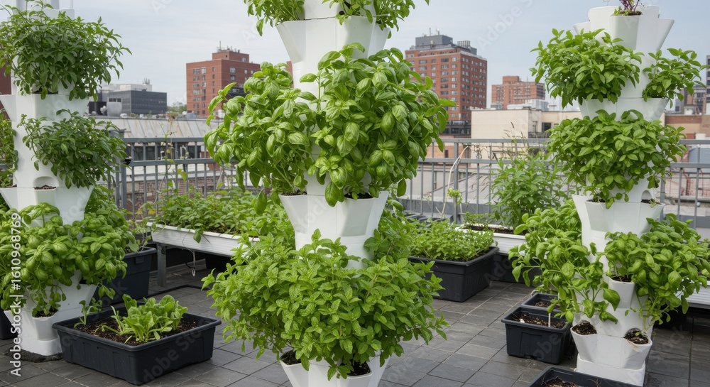 Naklejka premium Urban rooftop garden featuring vertical planters filled with vibrant green herbs and lush vegetation in a city landscape
