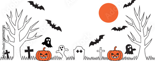 Halloween Graveyard Scene with Ghosts Bats Pumpkins and Trees