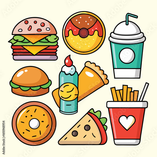 A vibrant vector icon set illustrating various fast food items like burgers, pizza, hotdogs, and sweet desserts, perfect for menus or designs