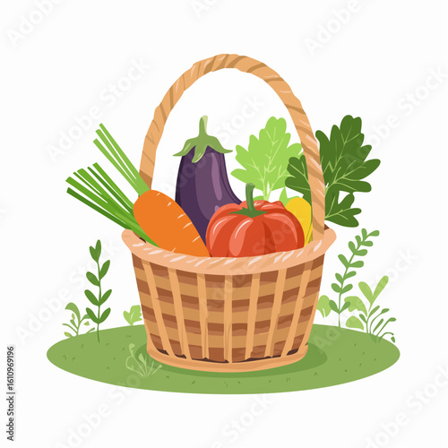 Fresh organic vegetables in wicker basket in the garden