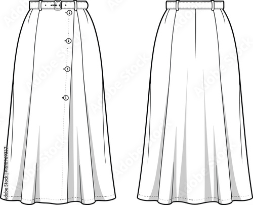 CAD drawing flat vector illustration of pleated long skirt, button detail, scoop waistband, stylish fashion  