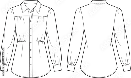 CAD drawing flat vector illustration of pleated blouse, gathered shoulder, long sleeves, buttoned front 