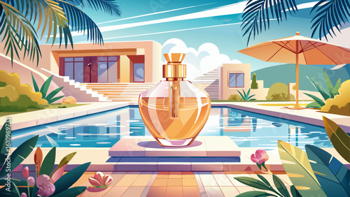 very Beautiful  close up  Luxury womens fragrance, bottle of perfume scent by the swimming pool in summer, bespoke perfumery and beauty product sale commercial,  white background.