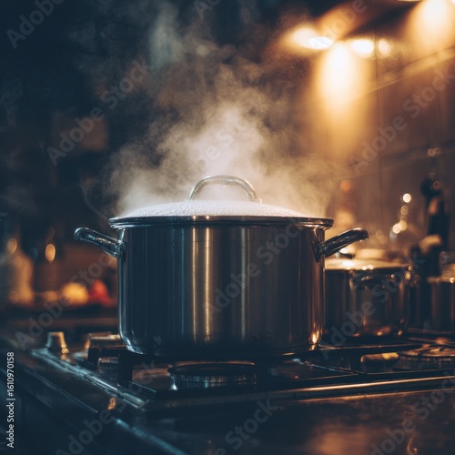 A pot of boiling water on a stovetop with steam rising.