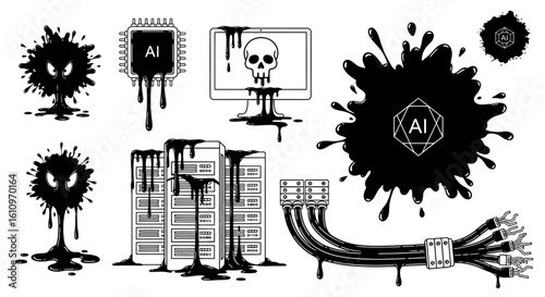 AI Dangers Black Ink Splatters with Risks, and Warning.