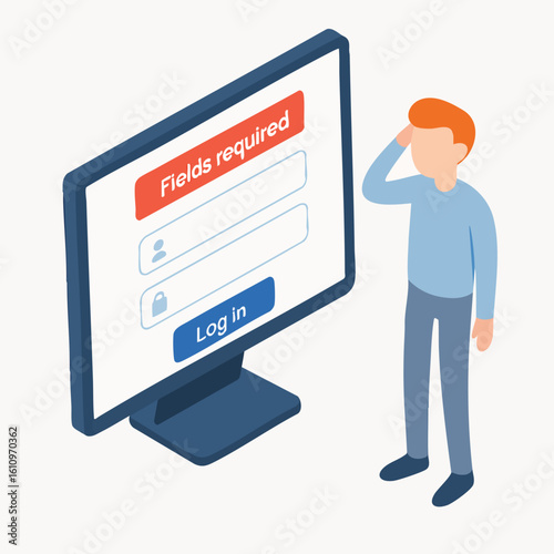 Isometric Style Flat Design Login Form on Screen with Man Illustration