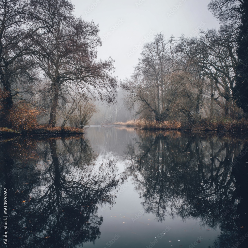 Fototapeta premium A tranquil pond mirroring vibrant trees in a serene landscape.