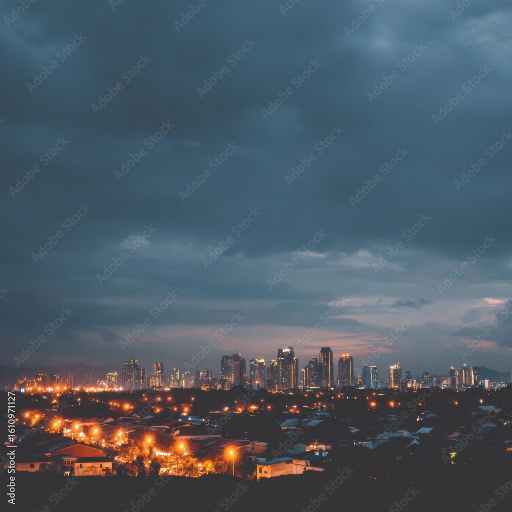 Fototapeta premium A stunning city skyline at dusk, showcasing vibrant lights.