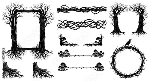 Dark Tree Vector Set Spooky Frame Design.