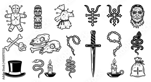 Voodoo Elements Occult Ritual Symbols Vector.