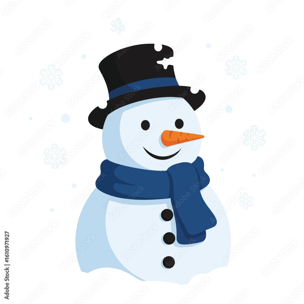 Cheerful snowman wearing a top hat and scarf amidst falling snowflakes. Cheerful snowman wearing a top hat and scarf amidst falling snowflakes.