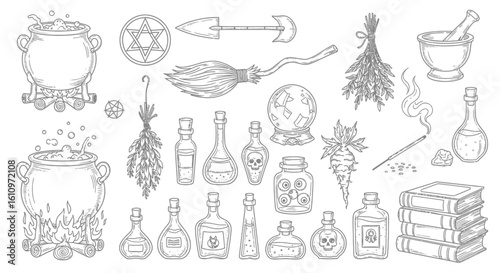 Witchcraft Set Magic Ingredients with Tools.