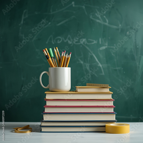 Vertical photo of a tall stack of books and a mug of pencils on a desk in front of a clean green chalkboard. Back to School or library concept with copy space.