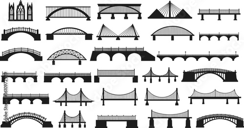 Collection of bridge silhouette vector icons, modern and historical bridge types, architectural structures, isolated design elements, transportation illustration set