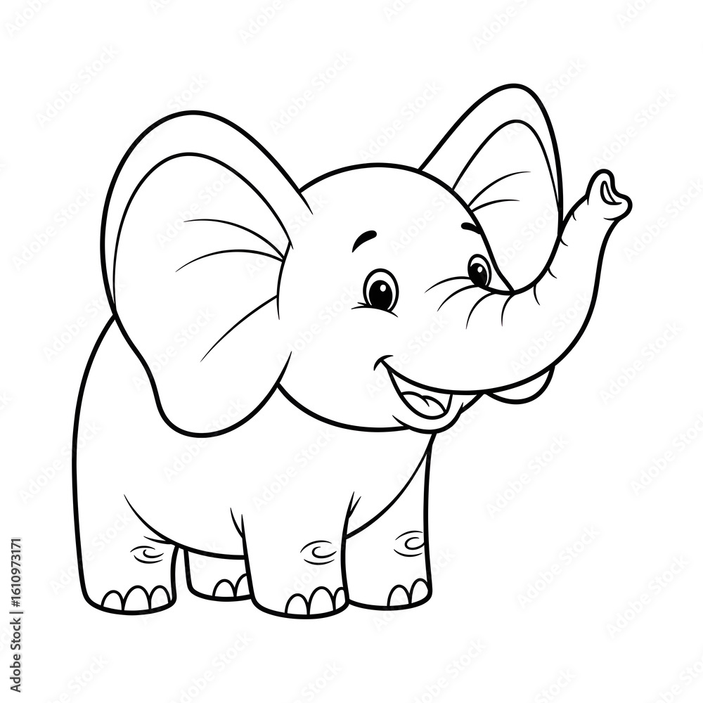Fototapeta premium A cheerful and happy cartoon baby elephant illustration. Black and white line art for a children's coloring book page to inspire creativity.