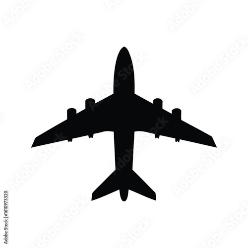 Silhouette of a large commercial airplane against a white background