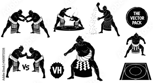 Sumo Wrestlers Japan sport Black silhouettes.