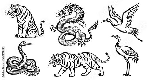 Zodiac Animals with Black  White, and Set.