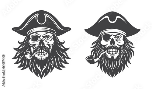 Two pirate skull silhouettes with eyepatches and pipes isolated on white background