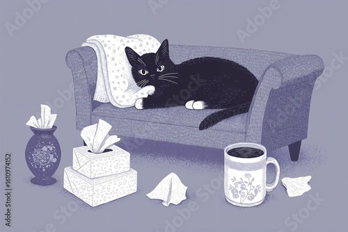 Black cat lying on a couch with a blanket, tissue boxes, scattered tissues, and a warm drink nearby, expressing a sick and tired mood,  therapist couch