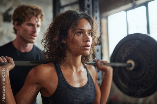 Woman weightlifting with personal trainer at gym