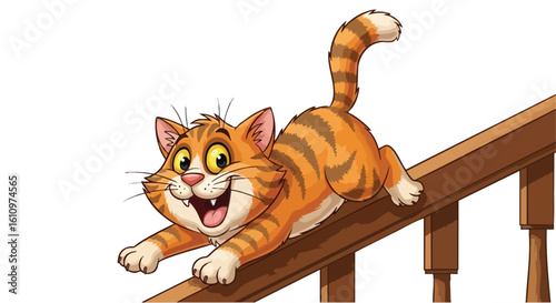 A cheerful orange tabby cat happily bounding down a wooden staircase, smiling widely.