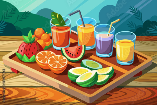 vector of A few glasses of fruit juice that are full of fruit juice and pieces of fruit next to the glass of fruit juice in a tray on a wooden table...