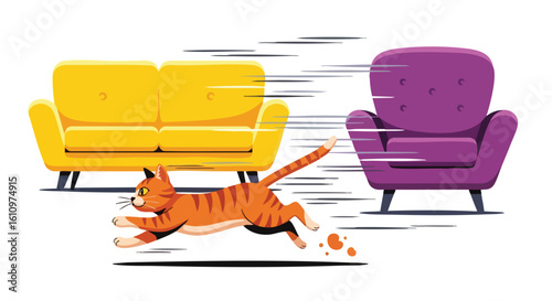 A cartoon cat sprints quickly past furniture, creating a sense of motion.