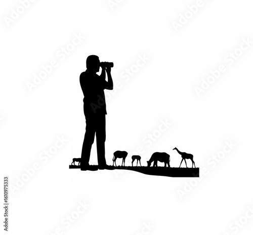 Silhouette of scientist observing animals through binoculars on white background