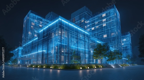Futuristic hospital exterior at night glowing with animated health grid map 