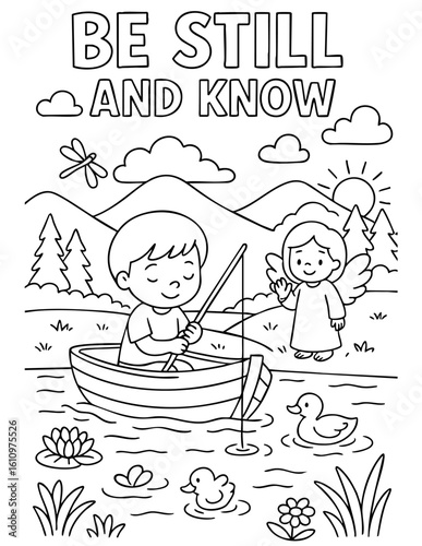 christian coloring page showing boy fishing in a lake with angel nearby and calming bible verse message, perfect for sunday school, homeschool and peaceful faith-based kids activities